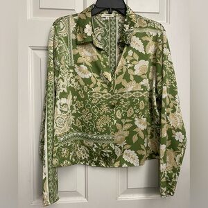 Pleione Olive Floral Print Green Beige White Long Sleeve Blouse Size XL